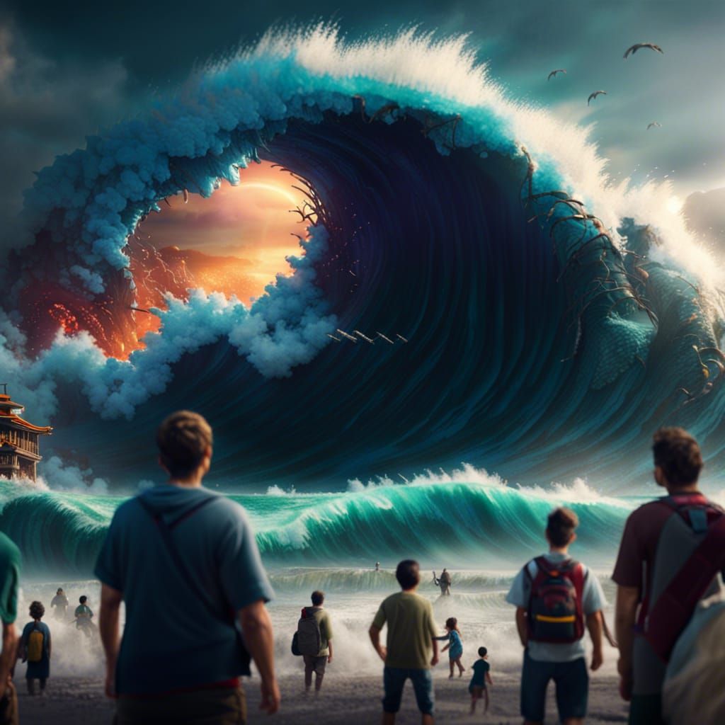 Tsunami and Onlookers: Detailed Fantasy Concept Art