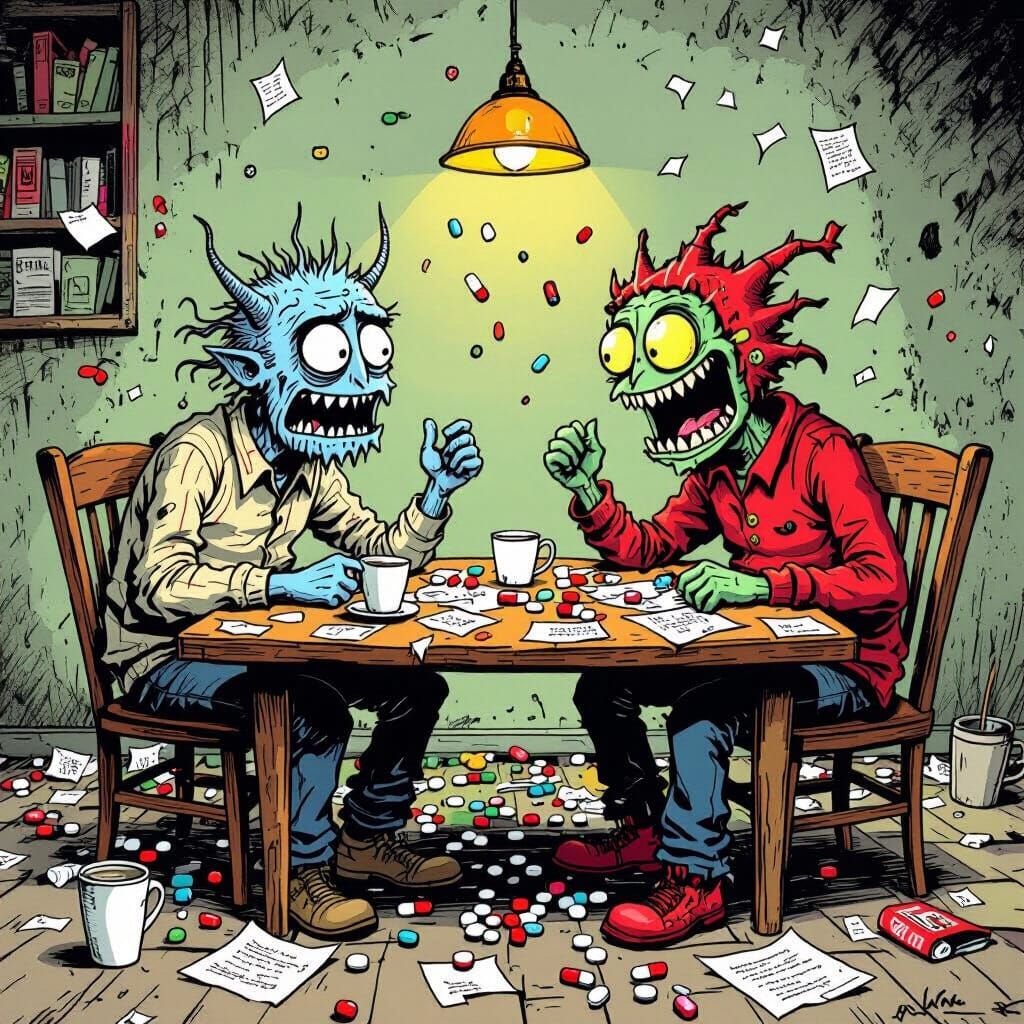 Cartoon Inner Demons at Messy Table