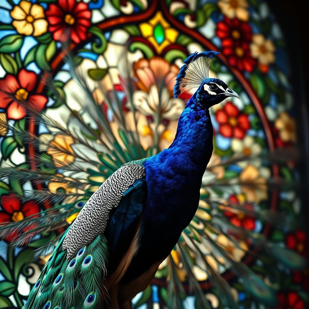 Ethereal Peacock Amidst Stained Glass Splendor