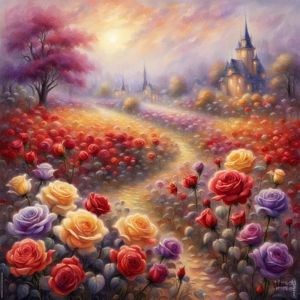 Glittering Roses Field in Watercolor Style