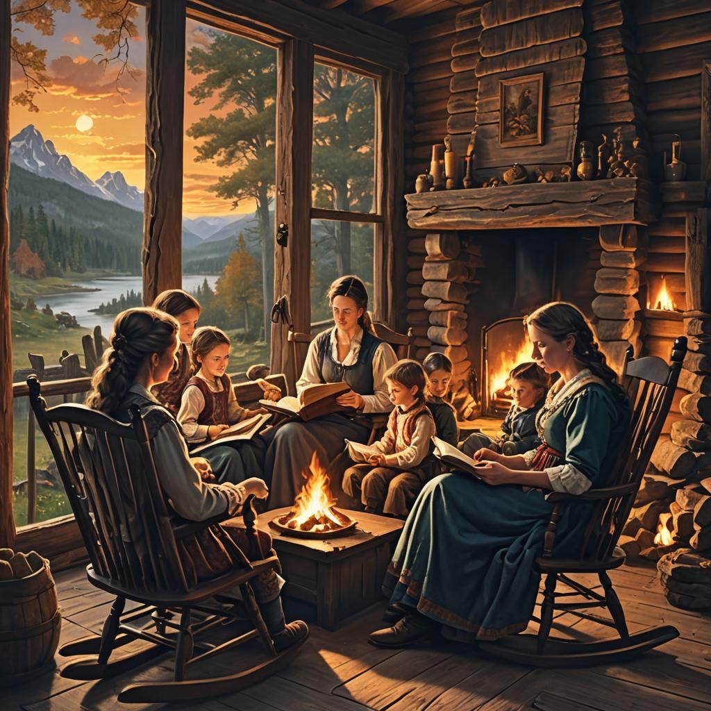Mother Reading to Children in Cabin at Sunset