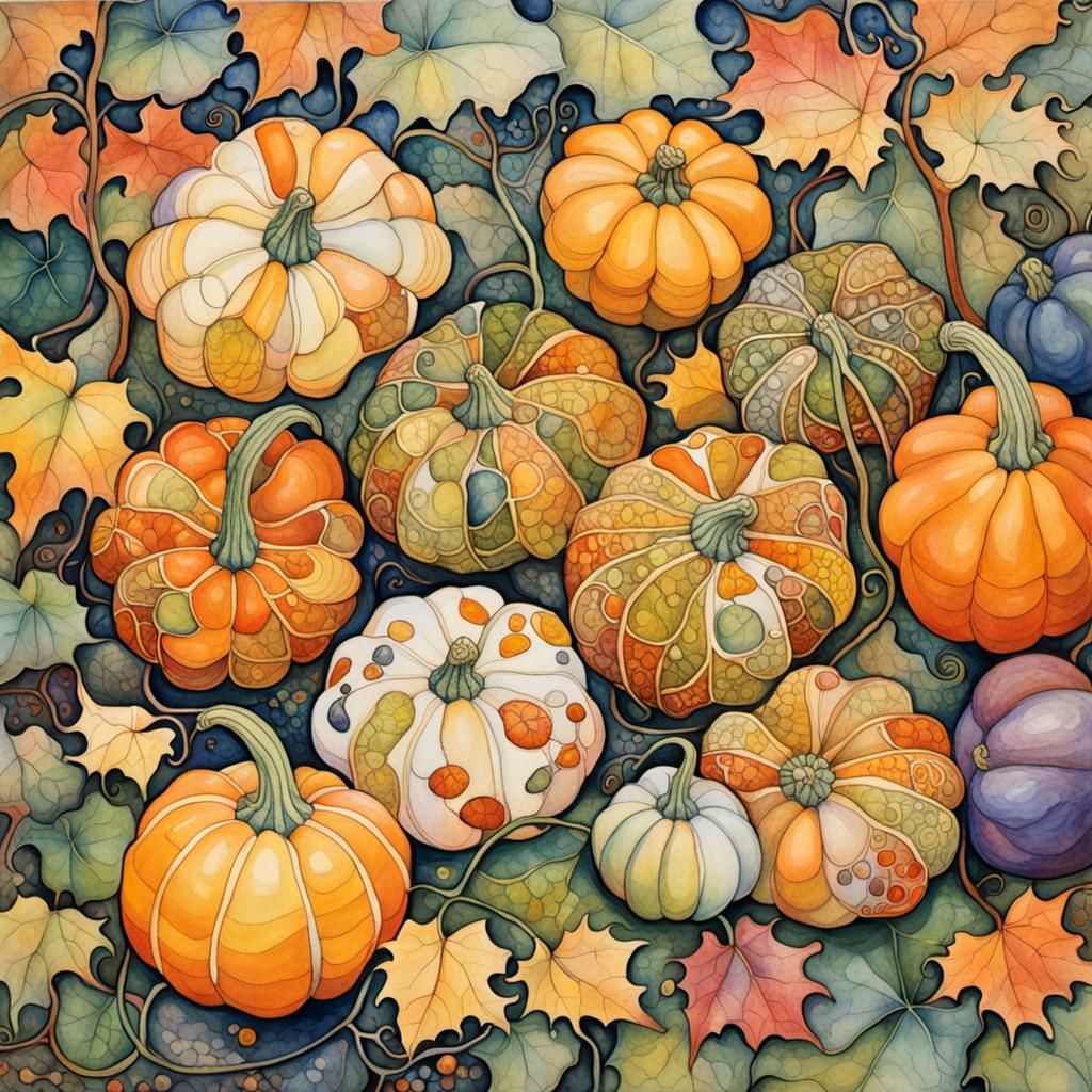 Autumn Gourds in Quaint Garden, Ink and Watercolor