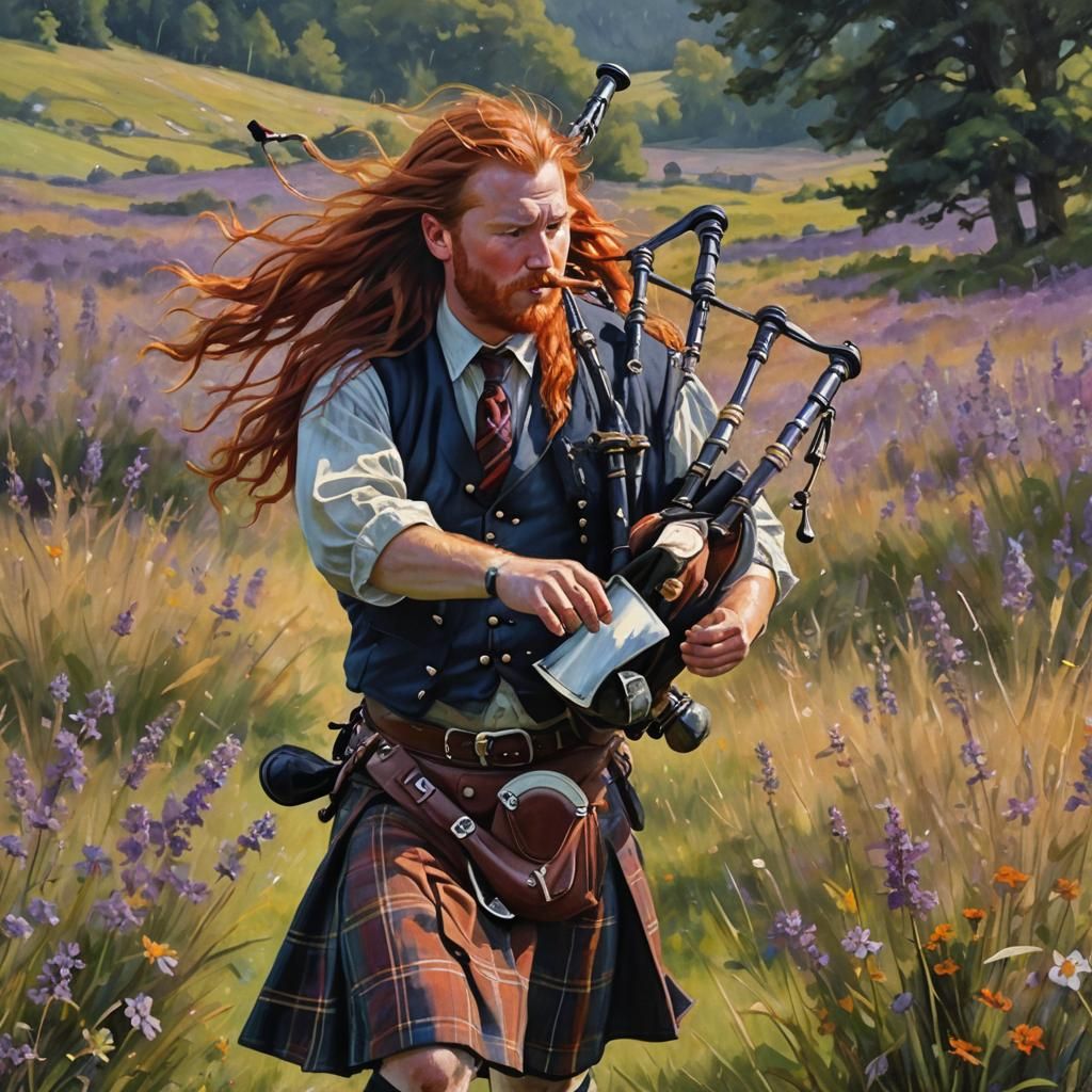 scottish man, early 30s, long red hair, wearing a brown and ...