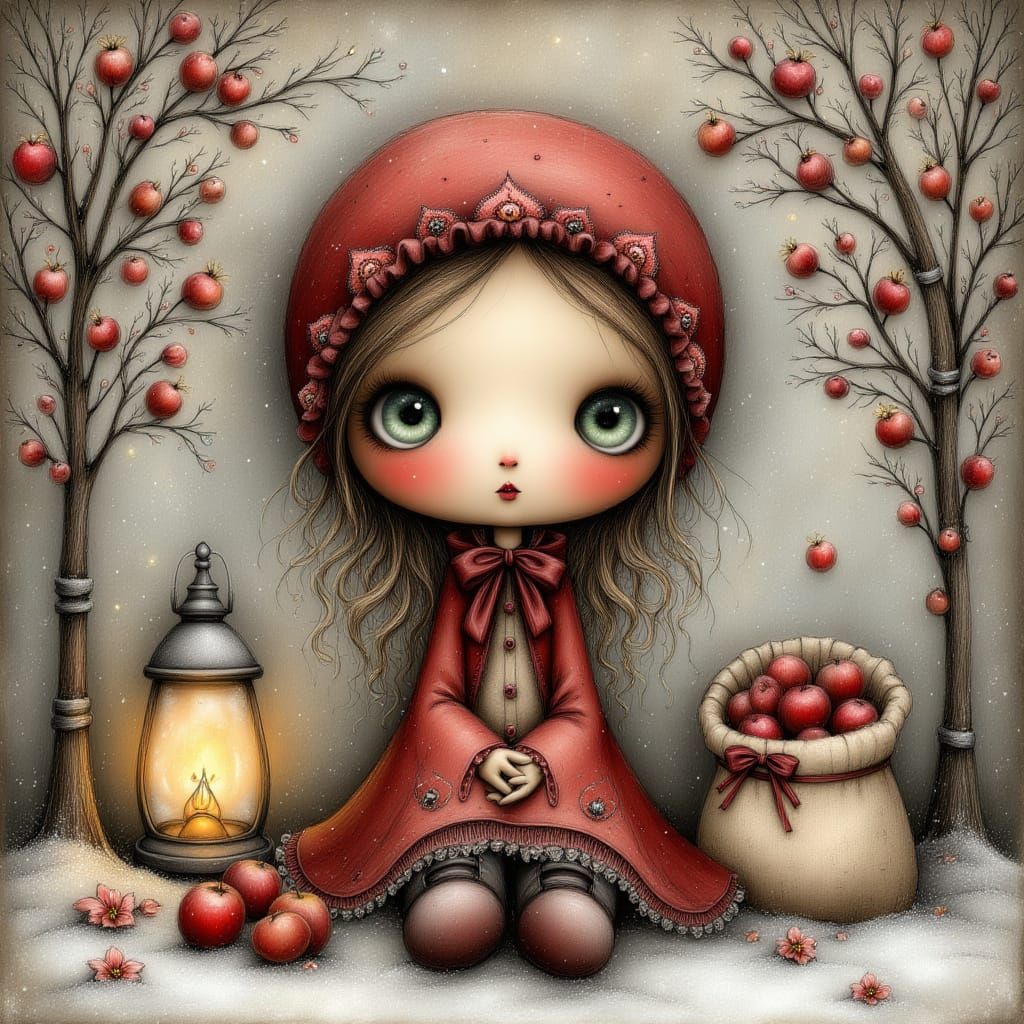 Storybook Girl in Snowy Orchard with Cranberry Cloak