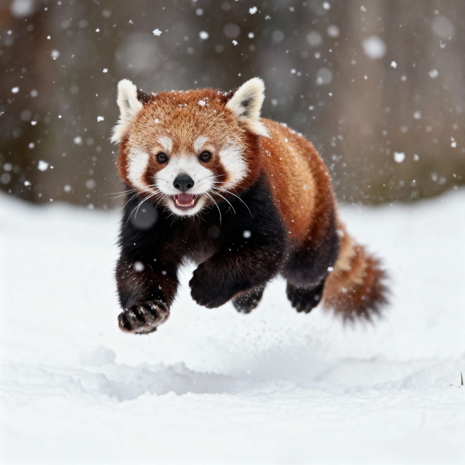 Joyful Red Panda Leaping Through Snowy Air