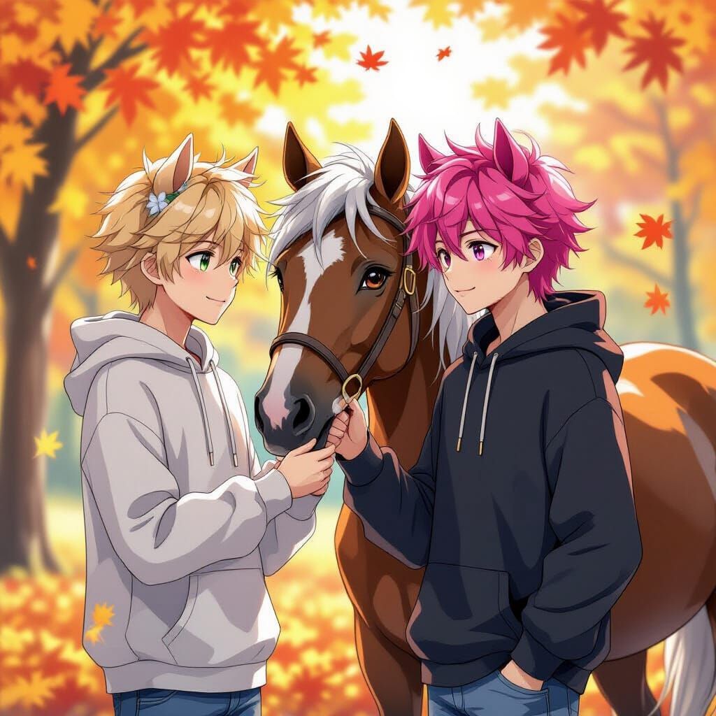 Anime Boys with Horse Ears and Majestic Horse