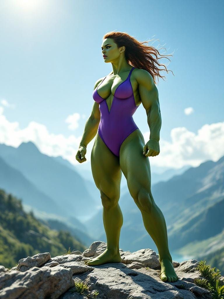 She-Hulk on Mountain Peak in Realistic Photo Style