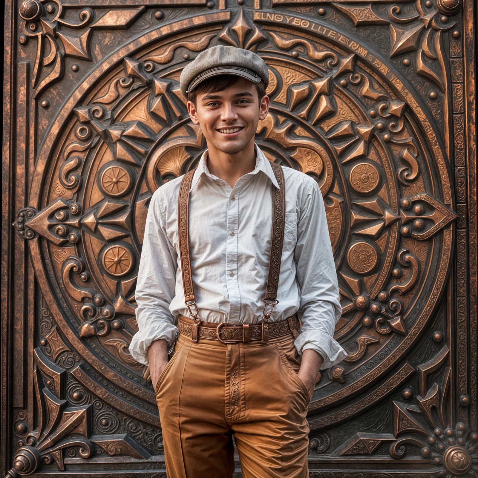 Glamorous 1920s Gentleman Stands Before Majestic Copper Art...