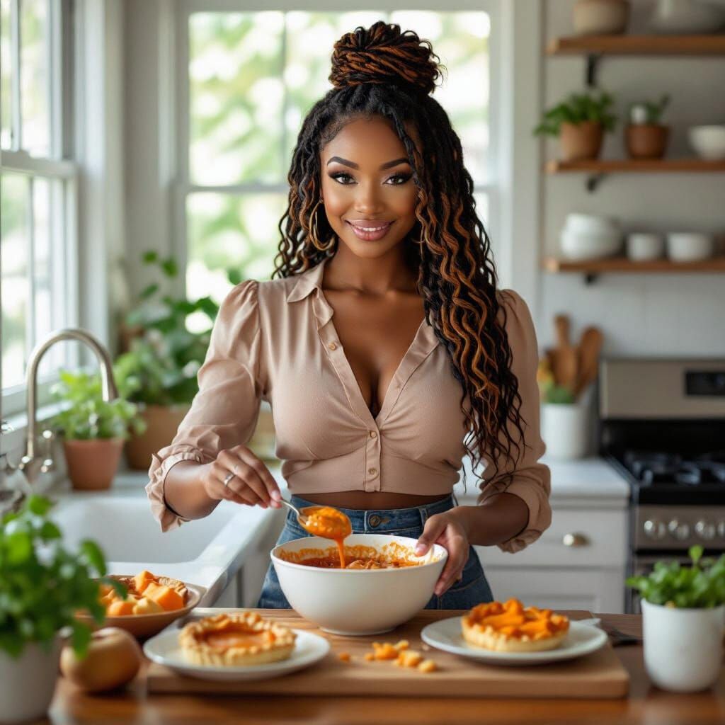 Black Woman Baking Sweet Potato Pie in Bright Kitchen