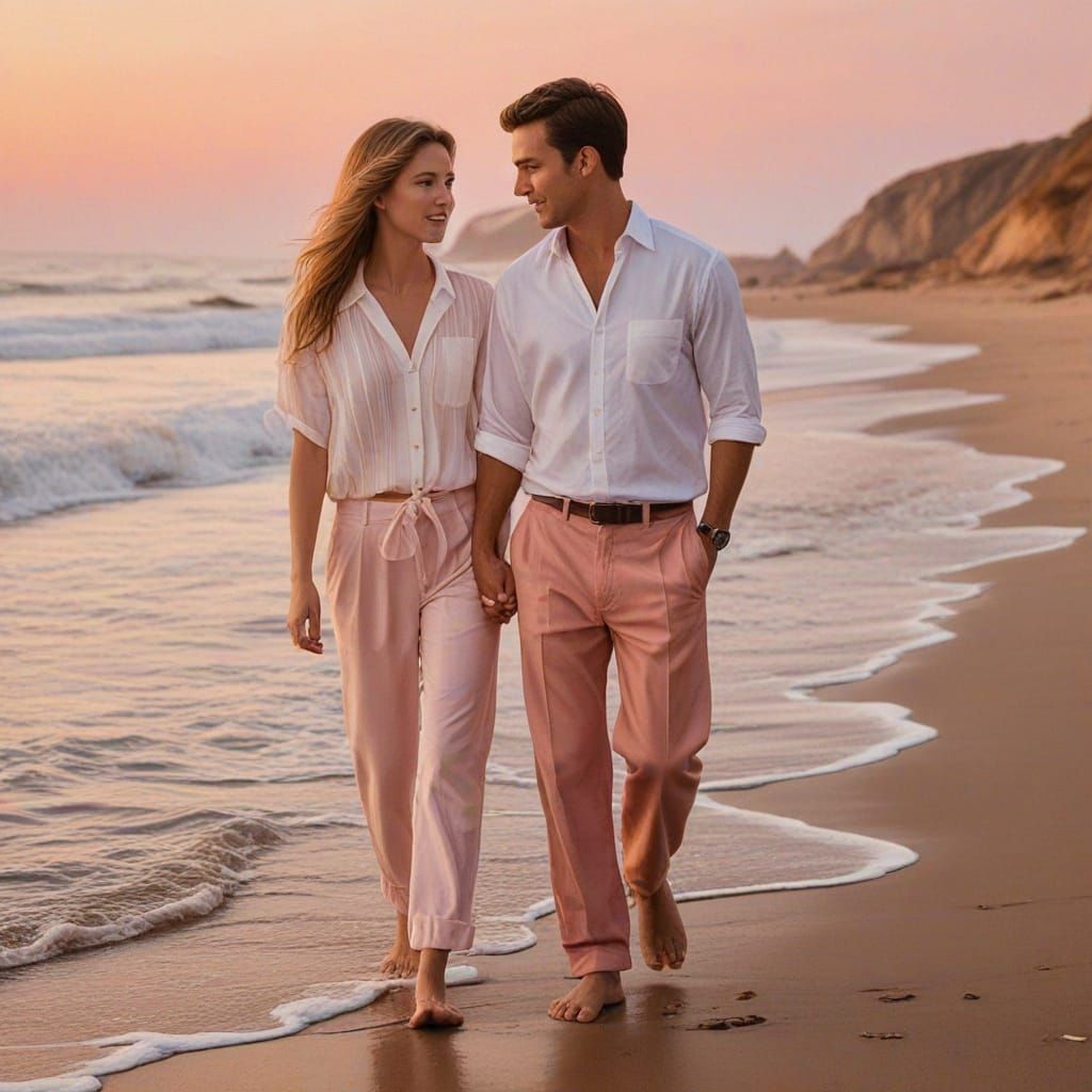 Couple on Beach at Sunset in Oil Painting Style