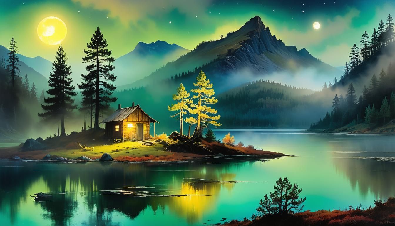 Moonlit Lake Landscape with Shack in Vibrant Colors