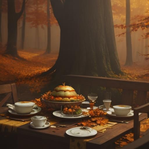 Thanksgiving Table in Autumn Forest: Digital Painting