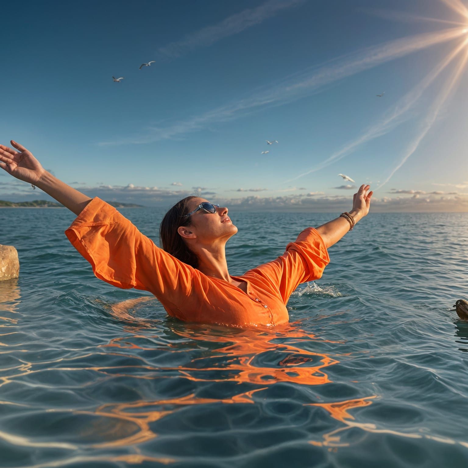 Woman Sunbathing by Pool at Sunset