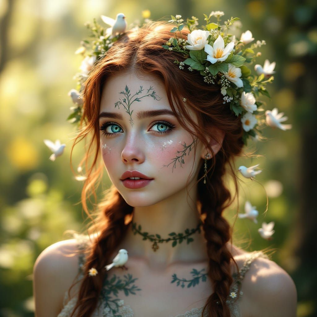 Ethereal Forest Fairy Portrait With Floral Tattoos