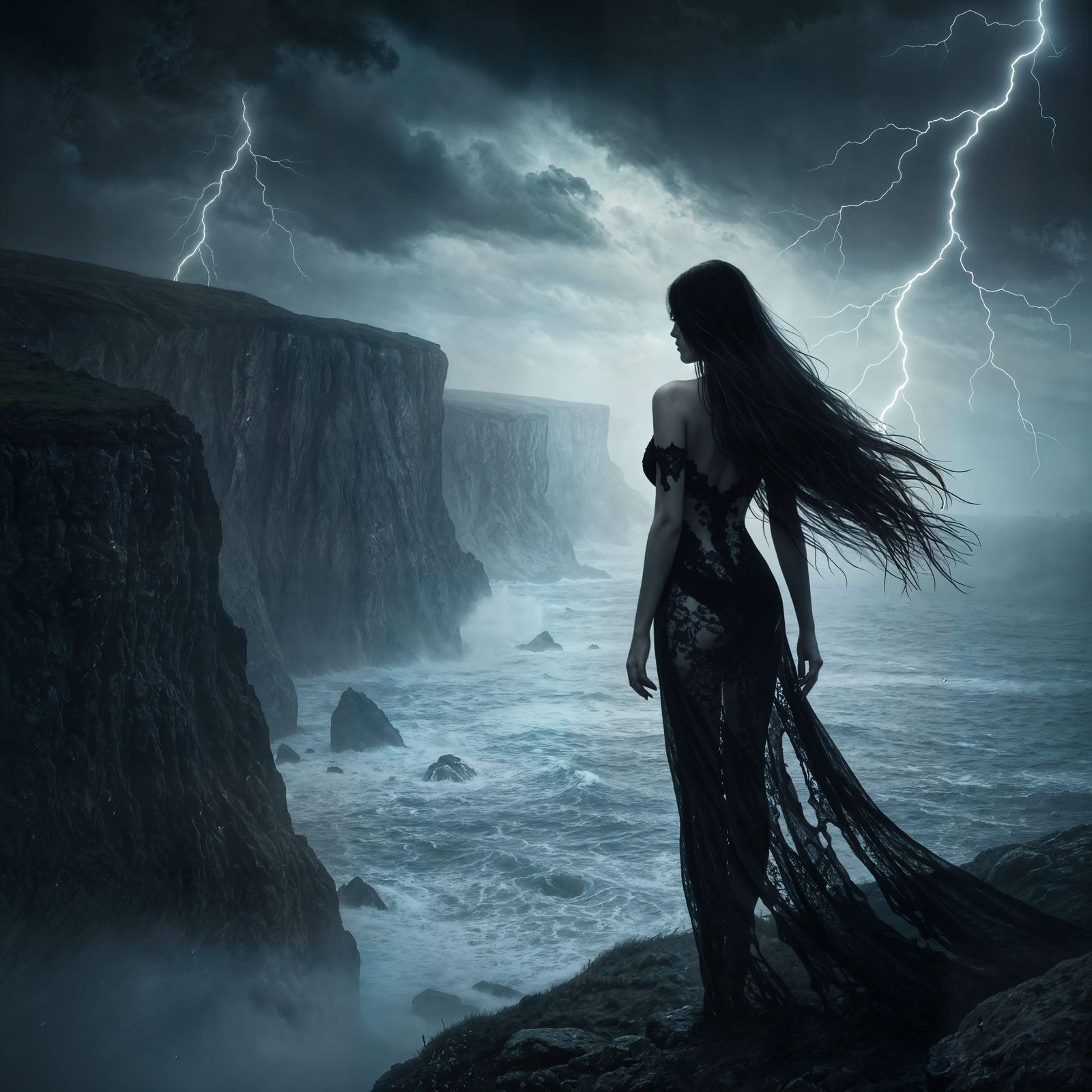 Gothic Woman at Stormy Cliff: Dark Romanticism