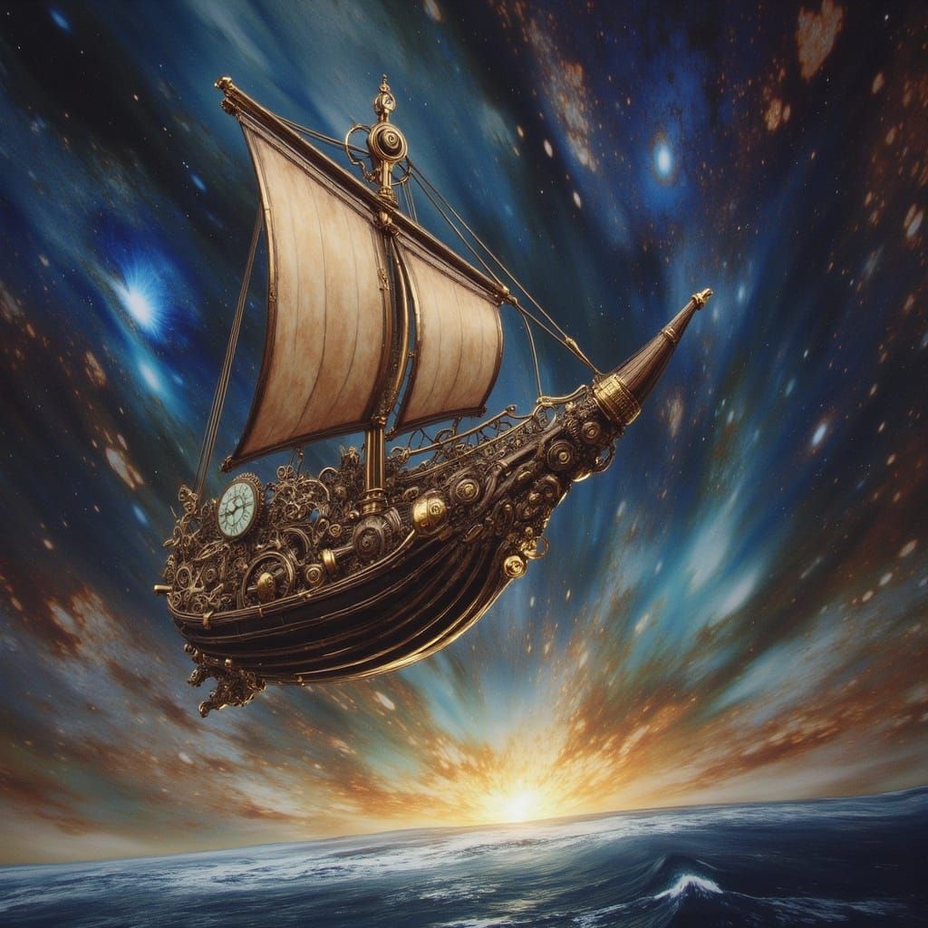 Steampunk Airship in Cosmic Nebula