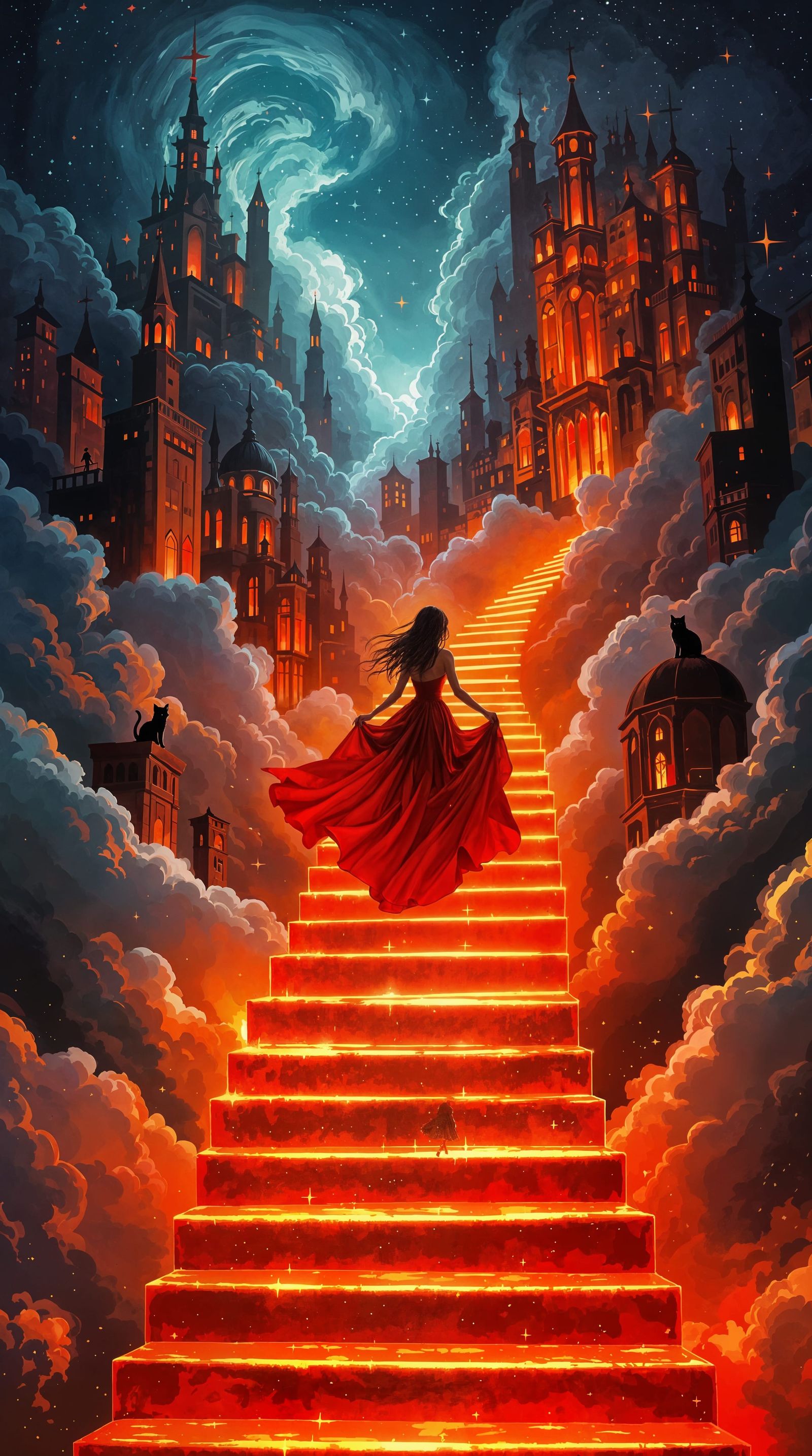Dreamlike Crimson Cityscape with Ascending Woman