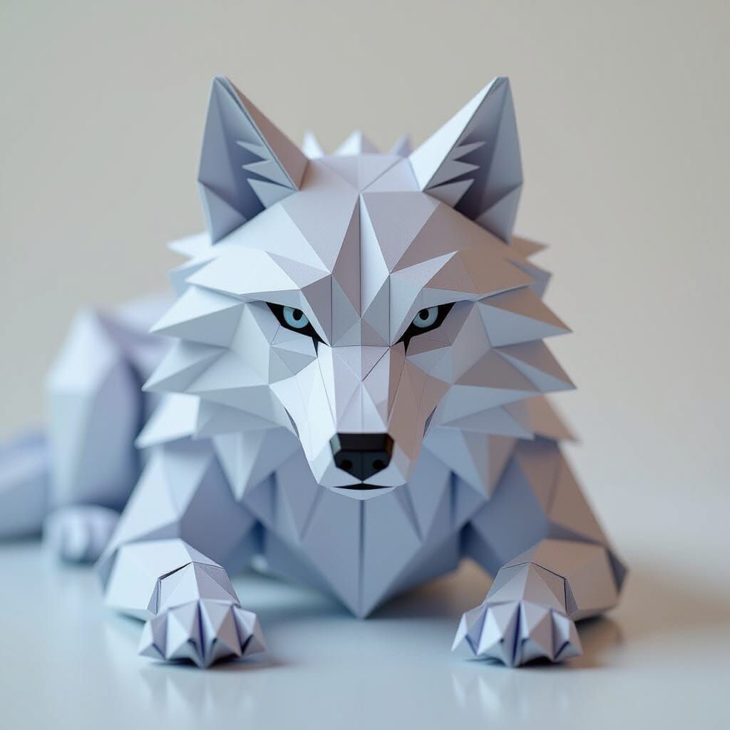 Intricate Origami Wolf Papercraft in Hyperrealistic Detail