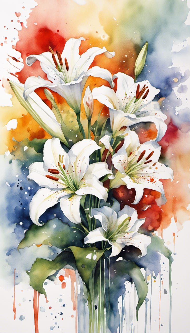 Dramatic White Lily Bouquet in Watercolor Style
