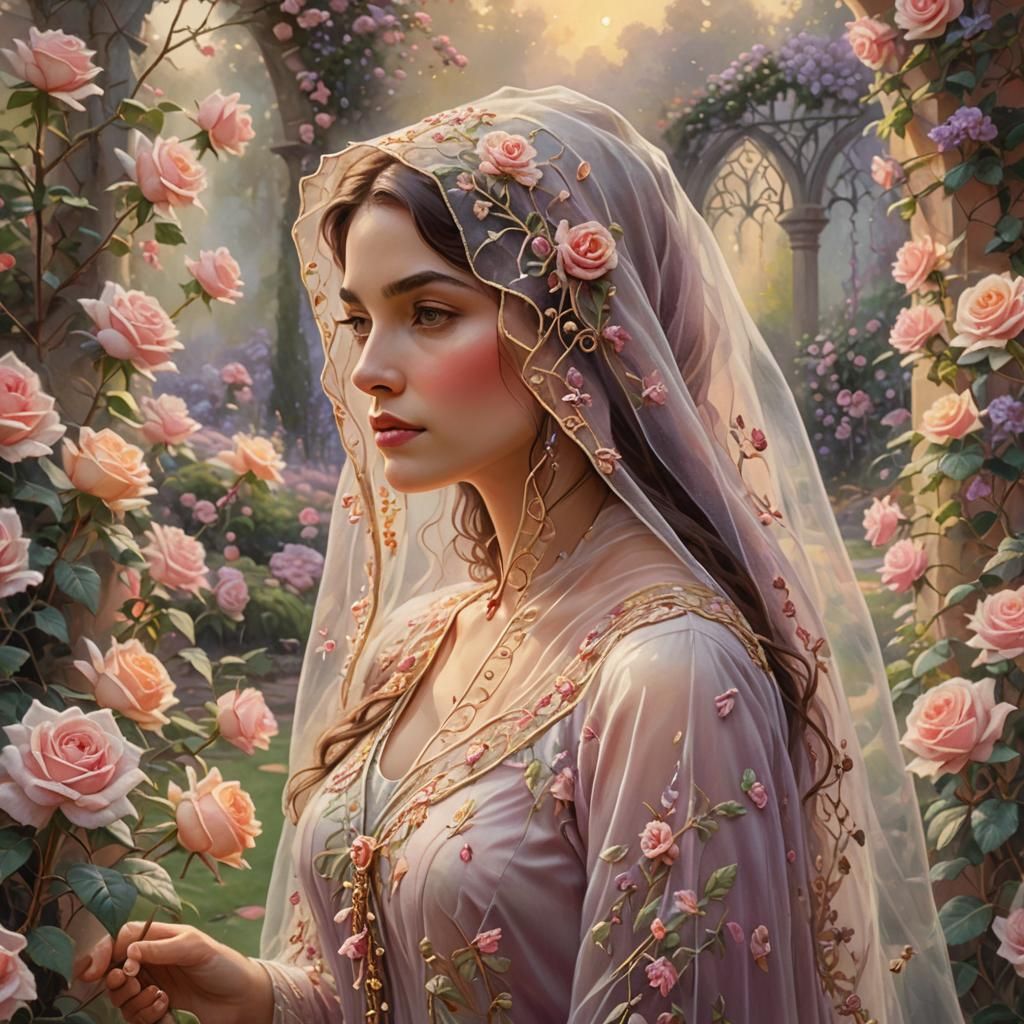 Ethereal Woman in Rose Garden: Impressionistic Oil Painting