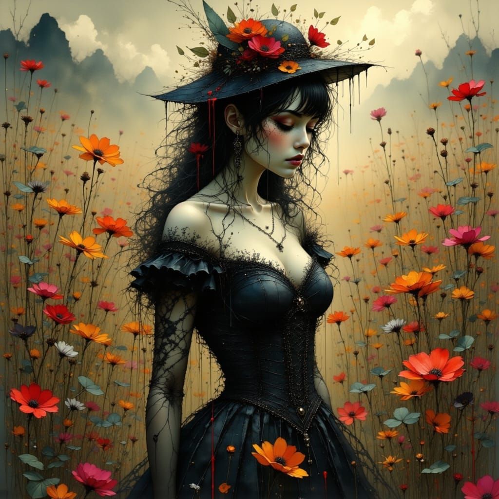 Gothic Seductress in a Luminous Floral Field