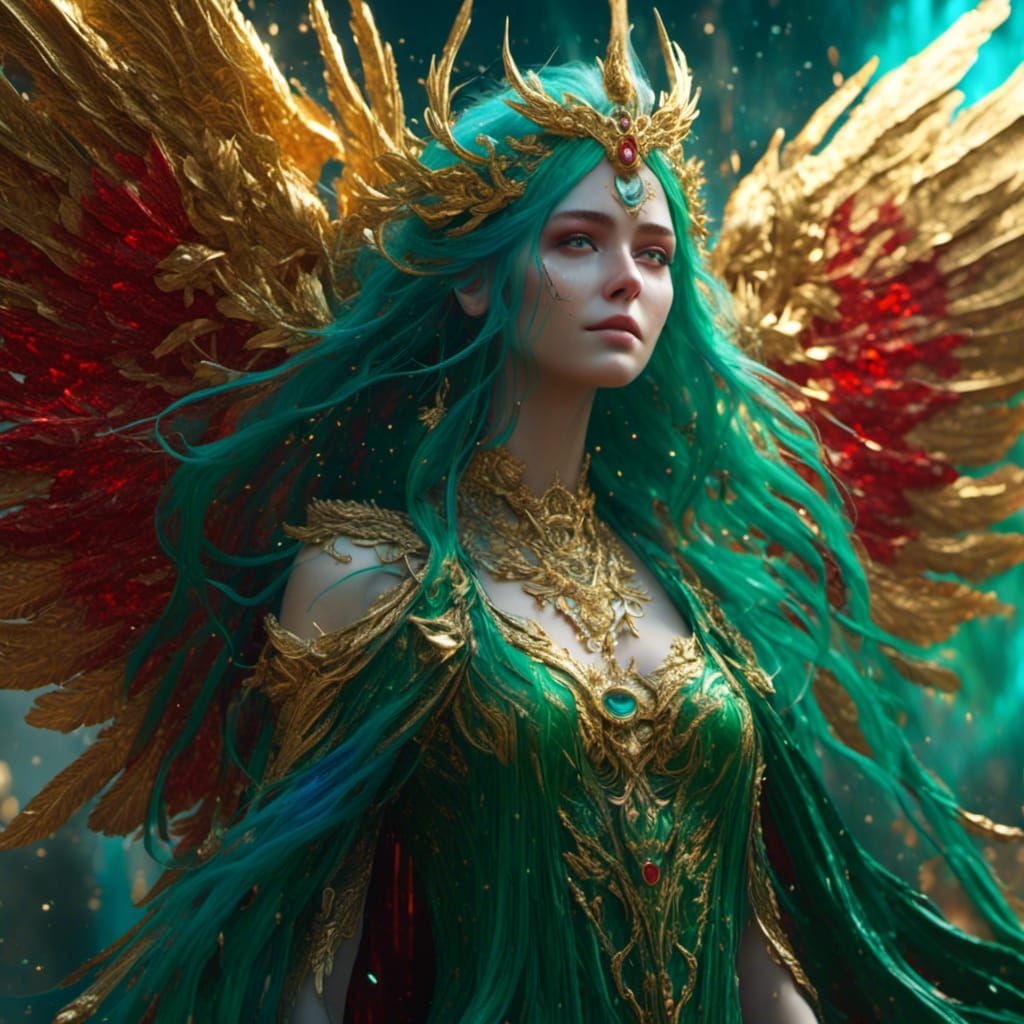 Pregnant Girl with Golden Wings, Detailed Fantasy Art