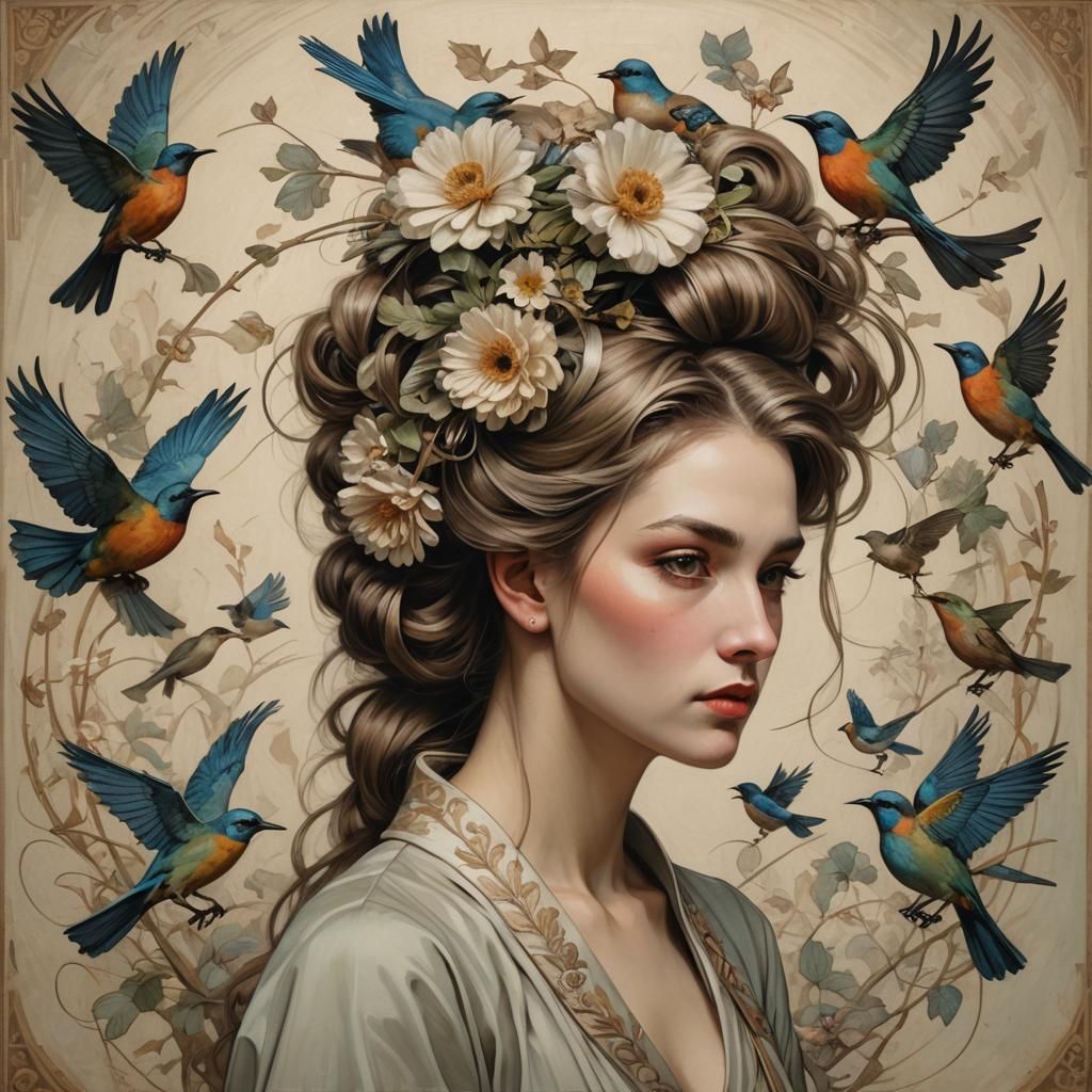 Woman with Floral Fascinator in Art Nouveau Style