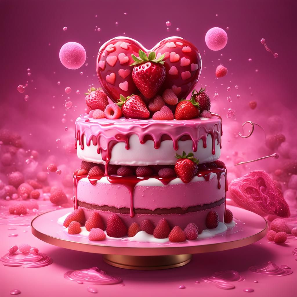 Heart-Shaped Pink Dessert Cake with Berries