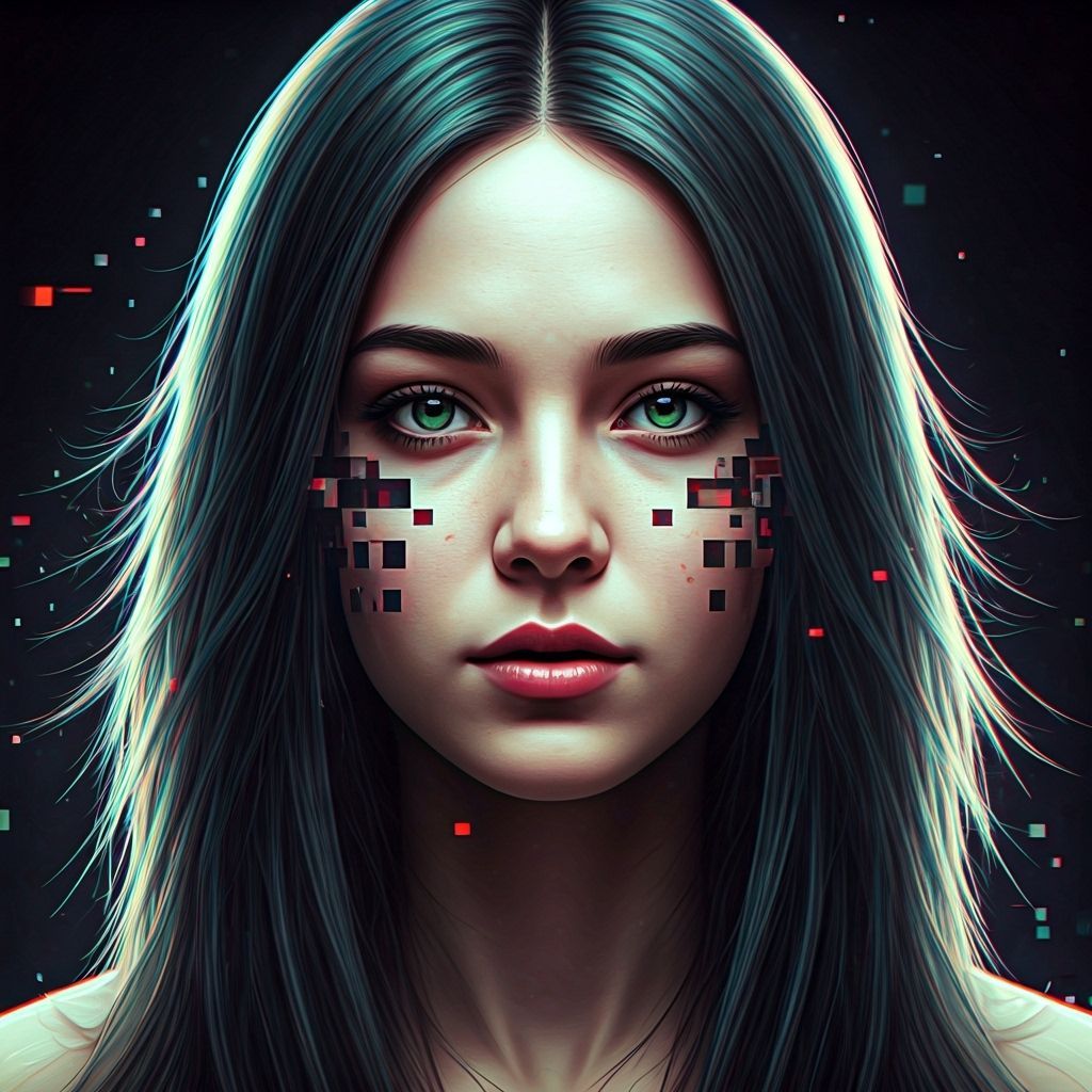 Woman's Face Dissolving into Digital Static: Glitch Art