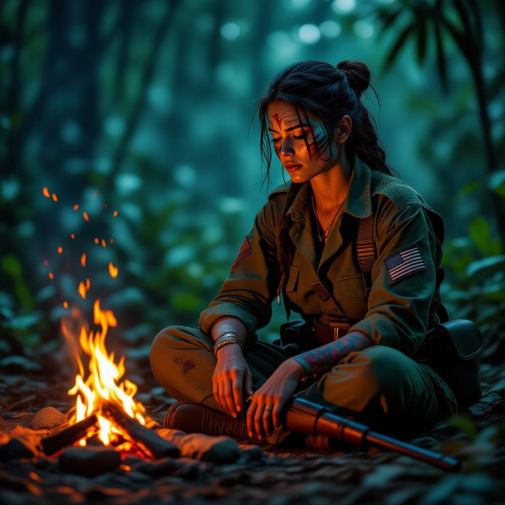 Jungle Woman by Campfire in Cinematic Photorealism