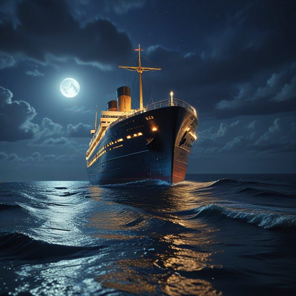 Ocean Liner Cruises Moonlit Sea in Impressionist Style