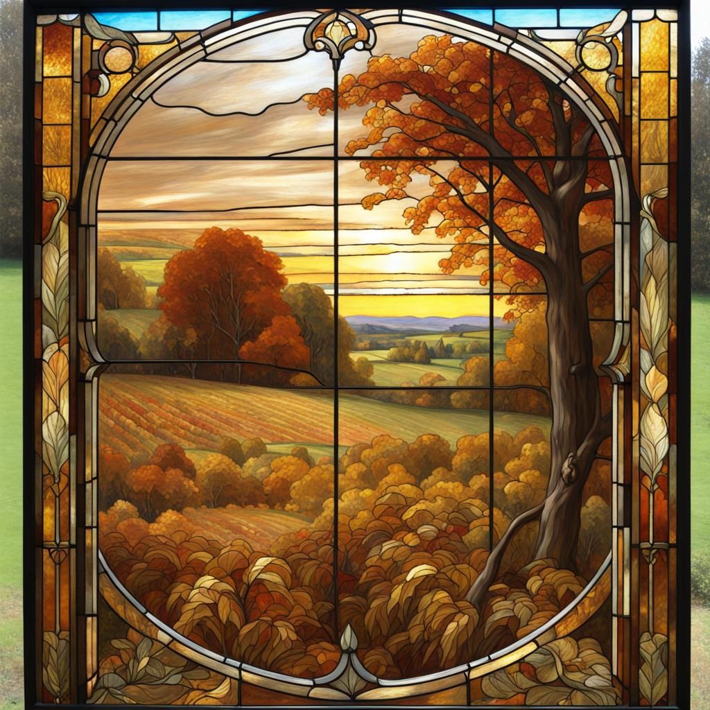 Art Nouveau Stained Glass Autumn Harvest Scene