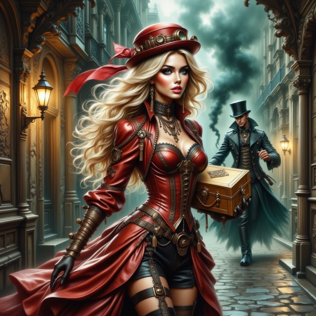 Steampunk Girl Running from Smoky Entity