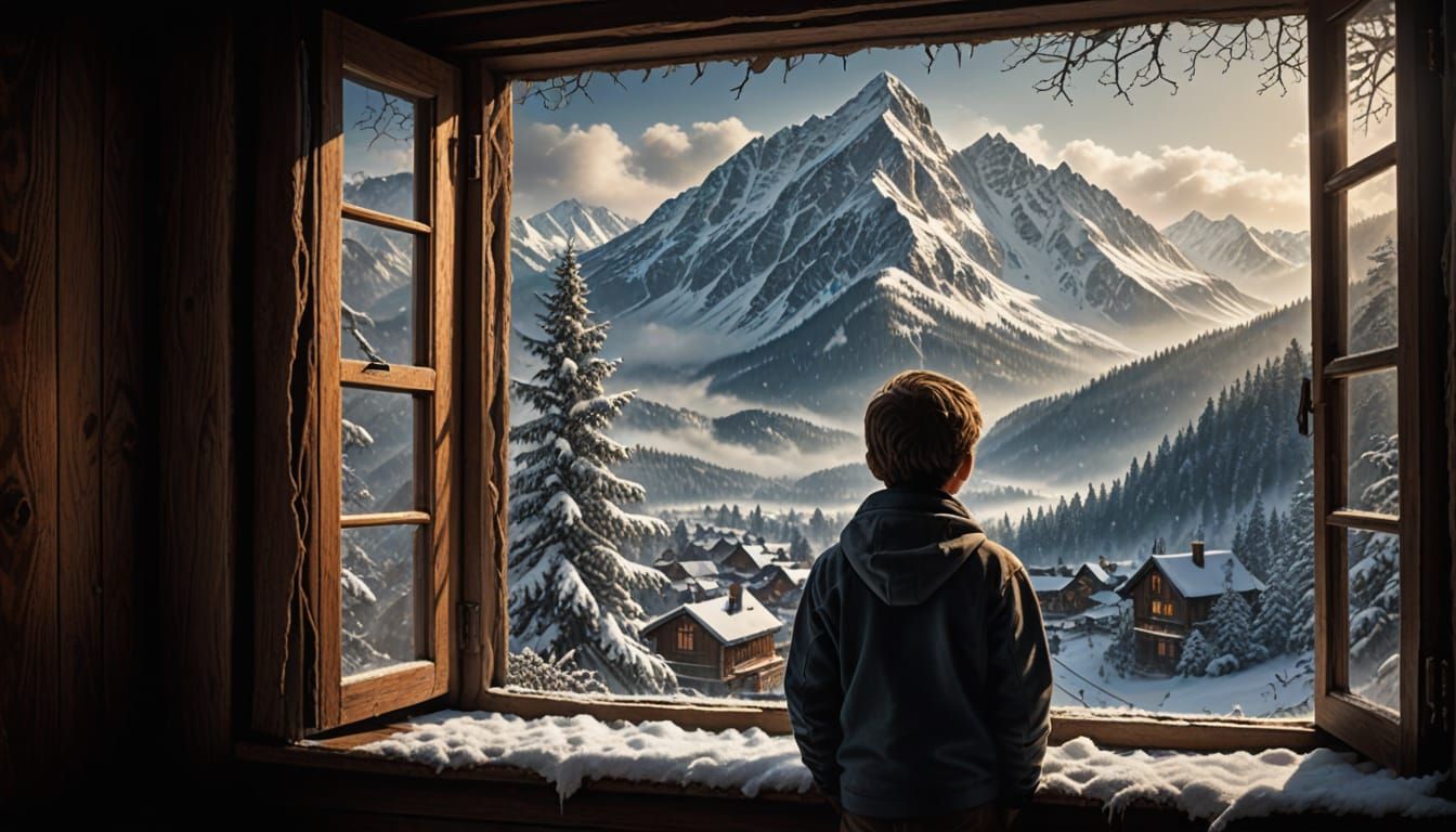 Boy Gazing Up at Snow-Capped Mountain Landscape