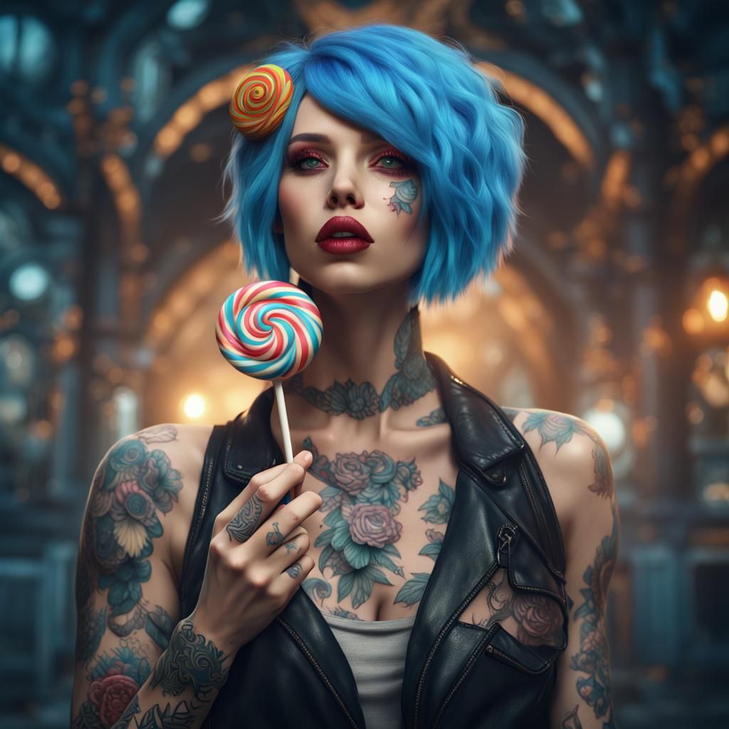 Blue-Haired Girl with Lollipop: Detailed Fantasy Art