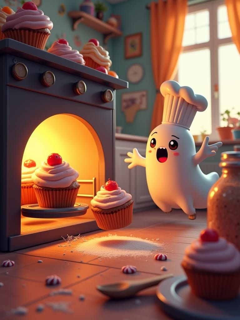 Haunted Bakery Halloween Scene with Escaping Cupcakes