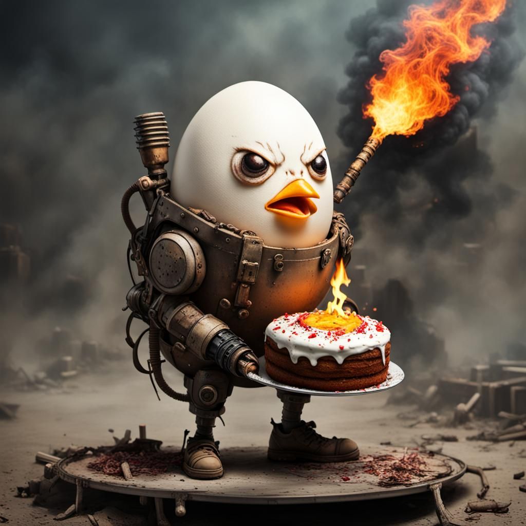 Post-Apocalyptic Angry Egg with Flamethrower and Cake
