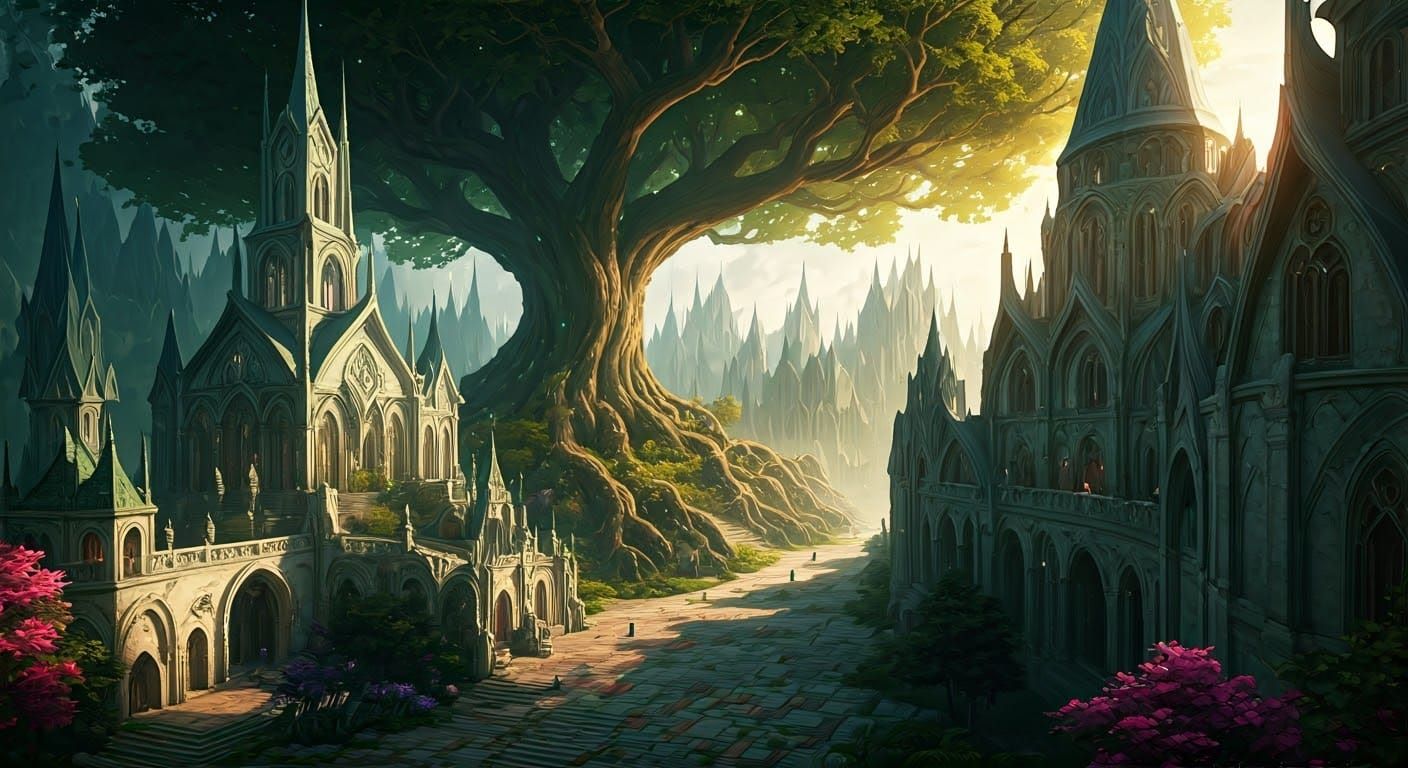 Elven City in Vibrant, Dreamlike Harmony