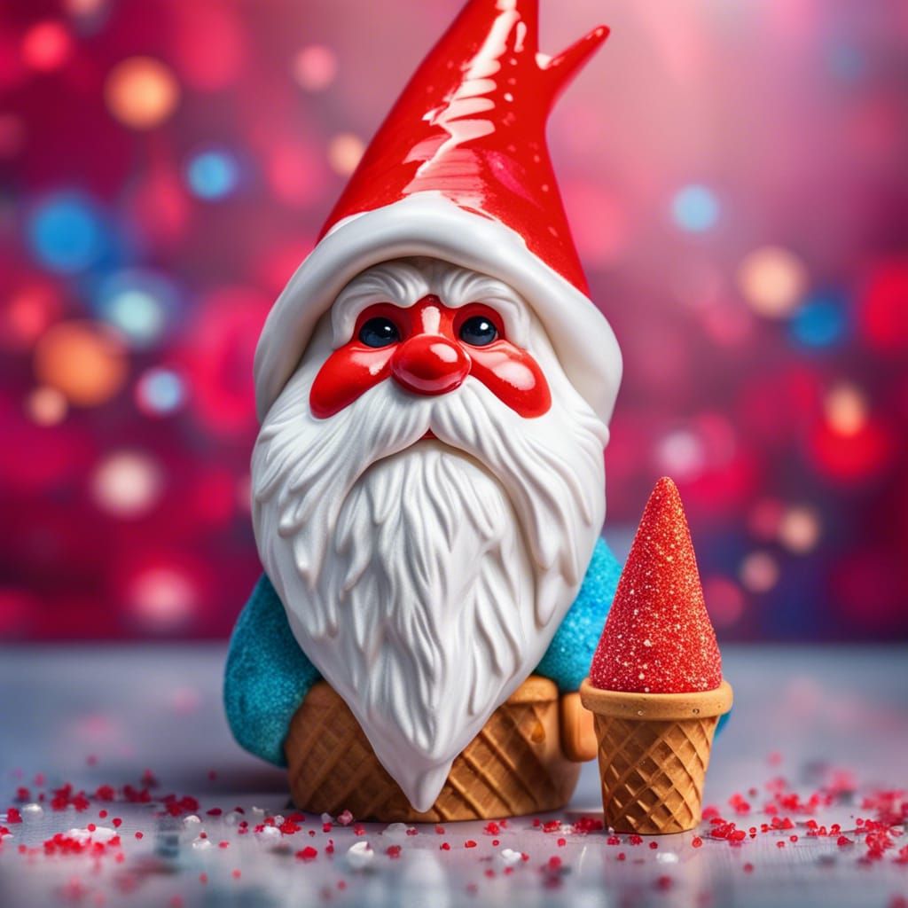 ice cream cone with white bearded gnome head and red gnome hat. realistic hd hdr 8k rich of details . bright colors mult...