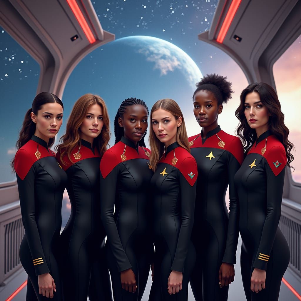 Diverse Starfleet Crew on Spaceship, Hyper-realistic Art