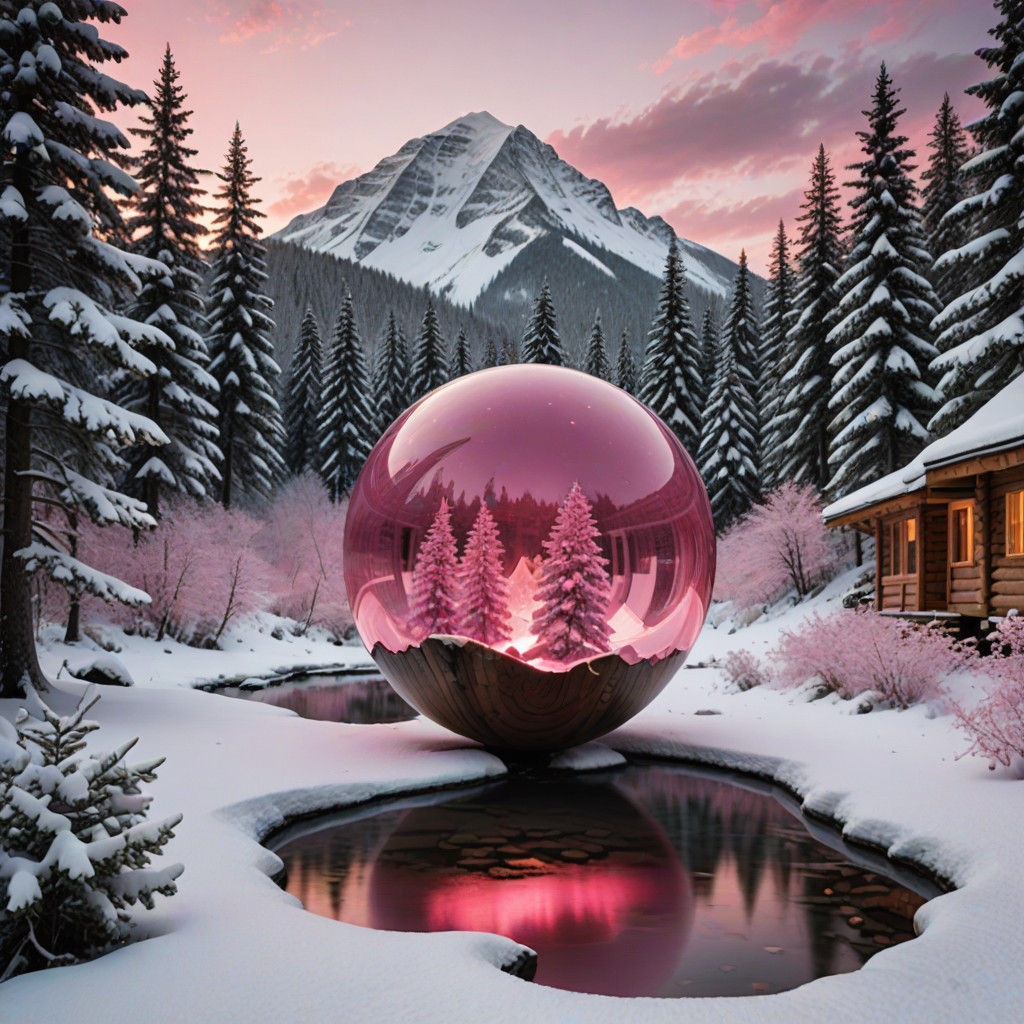 Pink Sapphire Orb Within Majestic Mountain Range in Neon Pin...