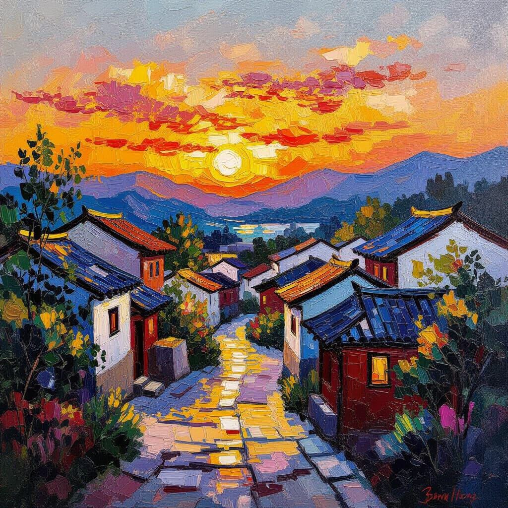 Ancient Chinese Village at Sunset Oil Painting