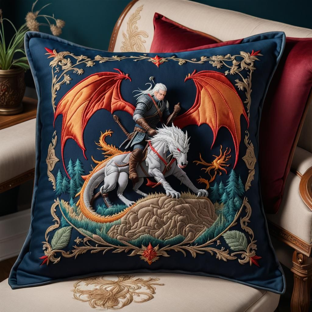 Embroidered Witcher Pillow: Geralt vs Dragon