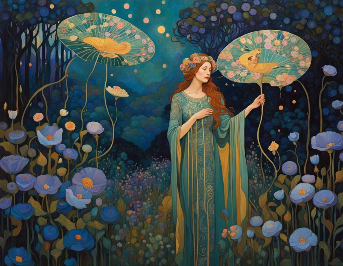 Dreamlike Woman Surrounded by Flowers in Art Nouveau Style