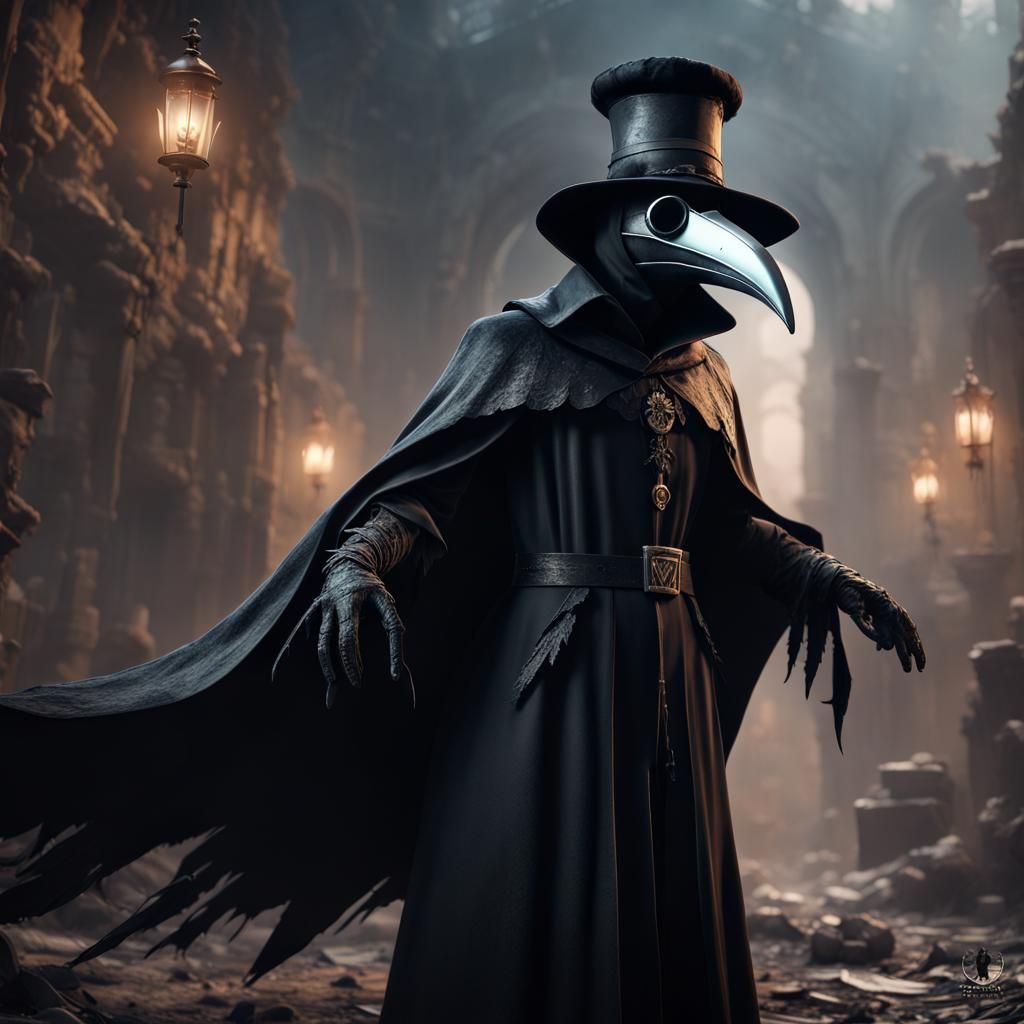 Plague Doctor in Black with Shredded Wings