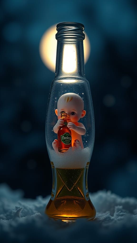 Tiny Beer Bottle Scene with Delicate Baby Doll