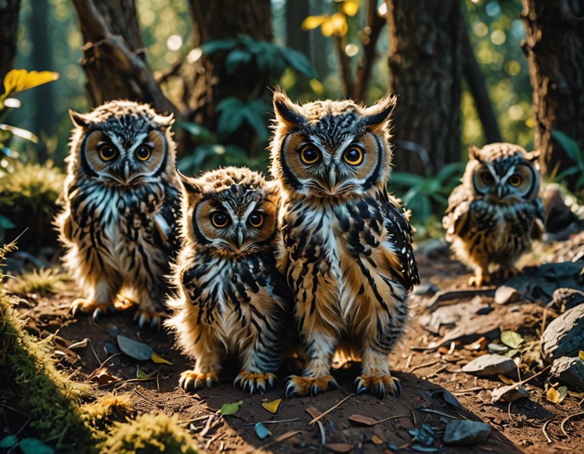 Playful Kittens and Owls in Natural Outdoor Setting