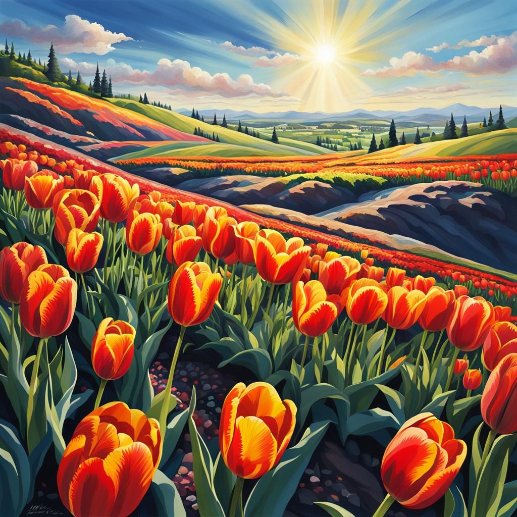 Colorful Tulips on Hillside in Hyperrealistic Splash Art