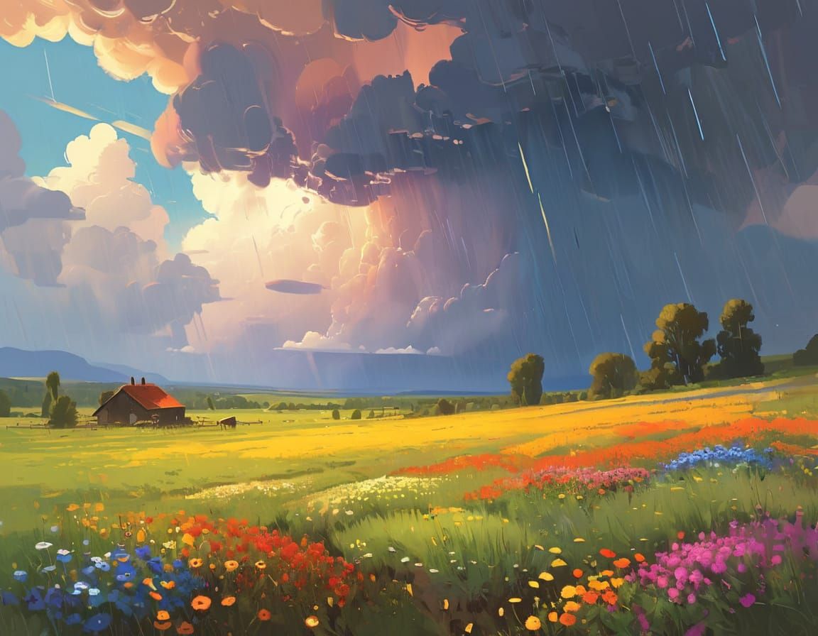 Summer Rain Over Wildflower Meadow, Digital Art
