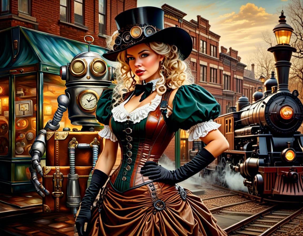 Steampunk Robot Accompanies Woman: Oil Painting